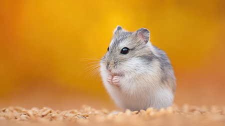 This charming image features a dwarf hamster with soft fur and bright eyes, set against a beautiful blurred background, perfect for love of animals and pets.の素材