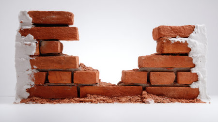 Detailed view of a fragmented brick wall showcasing exposed red bricks surrounded by crumbling mortar, highlighting themes of decay and construction challenges in urban environments.の素材
