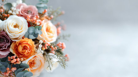 A stunning floral arrangement featuring vibrant blooms and delicate leaves against a soft background, perfect for decoration, design projects, and celebrations.の素材