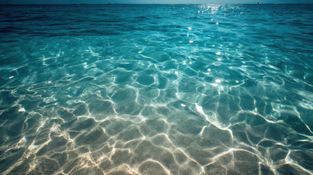 Immerse yourself in this stunning image of turquoise ocean waters shimmering under the sunlight, highlighting a peaceful sandy floor and inviting serenity.の素材
