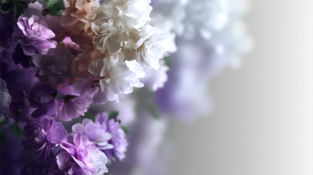 A stunning close-up of pastel flowers in shades of purple, pink, and white. The soft focus creates a serene and elegant background perfect for a variety of projects.の素材