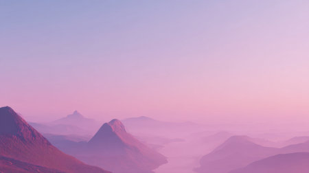 Experience the tranquility of a serene sunset over misty mountains and a peaceful valley, showcasing soft pink and lavender hues for a dreamy landscape.の素材