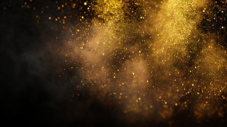 Create a captivating atmosphere with this golden dust particles image. Its enchanting shimmer and blurred black background evoke feelings of celebration and magic.の素材