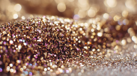 A stunning close-up of sparkling glitter in soft focus showcasing warm tones of gold and bronze. Perfect for creative backgrounds, decorative designs, and festive occasions.の素材