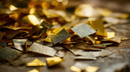 A close-up view of scattered gold and silver fragments on a textured rustic surface, ideal for creating luxurious and elegant designs in various artistic projects.の素材
