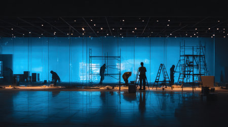 A dynamic scene capturing workers on a construction site, focusing on teamwork and renovation in a modern space illuminated by striking blue lights.の素材