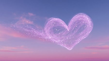 A stunning heart shape created from shimmering light trails, floating gracefully against a serene pastel sky filled with soft clouds at dusk. Perfect for romantic themes.の素材