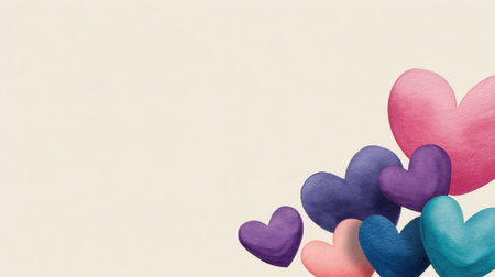 A collection of soft watercolor hearts in various colors against a neutral background, ideal for romantic themes, Valentine's Day projects, or creative designs.の素材