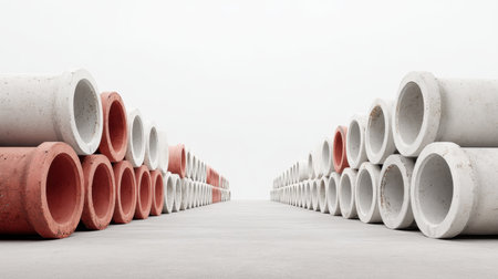 A striking scene of stacked concrete pipes arranged in even rows, showcasing a minimalist aesthetic with a soft overcast sky. Ideal for themes in construction and urban design.の素材