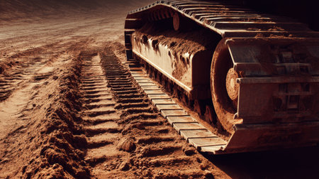 This image captures the detailed texture of a heavy machinery track resting on a rugged soil surface, designed for industrial and construction use in challenging environments.の素材