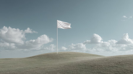 This image depicts a tranquil landscape featuring a single white flag on a gentle hill under a serene sky filled with soft clouds, symbolizing peace.の素材