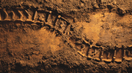 Close-up view of fresh tracks in brown soil made by heavy machinery, highlighting the intricate texture and detail that showcases recent construction or agricultural activities.の素材