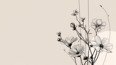 This elegant floral illustration features delicate line art of flowers against a soft beige background, ideal for modern decor and creative projects.の素材