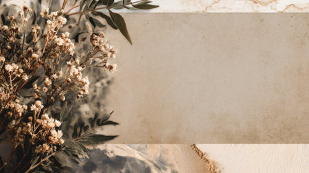 A beautifully arranged rustic floral composition featuring delicate flowers and leaves, perfect for creative backgrounds in designs, crafts, and artistic projects.の素材
