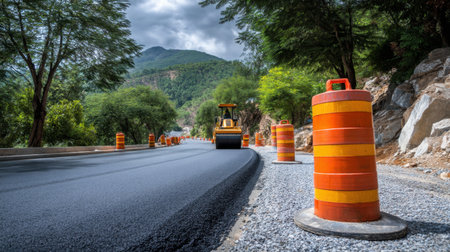 A vibrant scene of a road construction project featuring an asphalt paving machine and bright orange safety cones, set against a stunning mountainous landscape.の素材