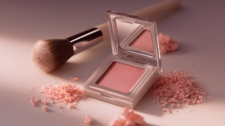 A soft pink blush compact with a brush and powder spills, elegantly arranged to highlight beauty essentials in a stylish makeup setting. Perfect for promotional use.の素材