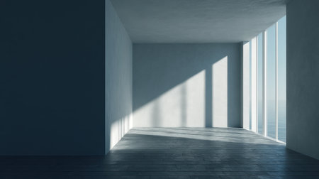 This image showcases a minimalist interior room with large windows allowing soft light to cast intricate shadows on the floor, perfect for design inspiration and modern aesthetics.の素材