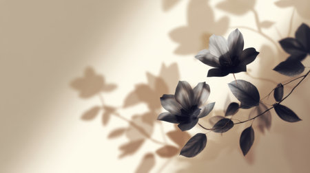 This beautiful black and white floral image features delicate flowers and leaves casting soft shadows, ideal for calming design projects and artistic inspirations.の素材