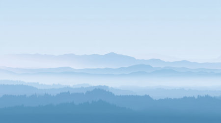This serene image showcases a breathtaking mountain range with soft blue hues, shrouded in layered fog, creating a tranquil and peaceful natural landscape. Perfect for calming designs.の素材
