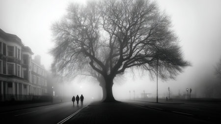 A serene and atmospheric scene featuring three silhouetted figures walking along an empty road under a large, leafless tree shrouded in fog. Ideal for conveying solitude.の素材