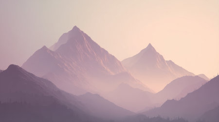 Experience the tranquility of a stunning mountain landscape at dusk, where soft purple hues envelop majestic peaks and serene hills, creating a peaceful atmosphere.の素材