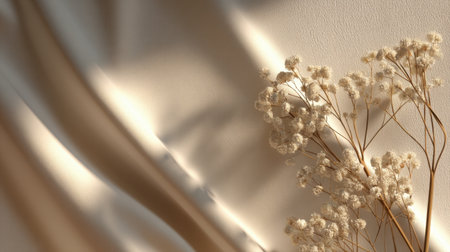 Soft shadows fall on a delicate arrangement of dried flowers placed on smooth fabric, creating a tranquil and harmonious scene perfect for enhancing any space's decor.の素材