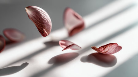 This image captures the graceful fall of delicate rose petals, illuminated by soft natural light and contrasting shadows, creating a serene and elegant atmosphere.の素材