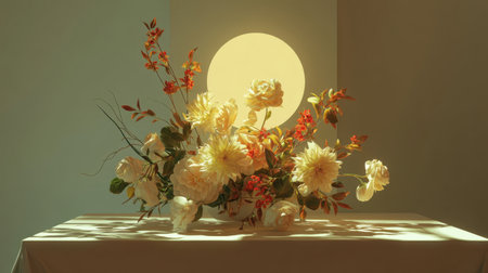 This stunning floral arrangement features soft pastel blooms accented by warm lighting, set against a glowing round backdrop, perfect for enhancing any elegant space.の素材