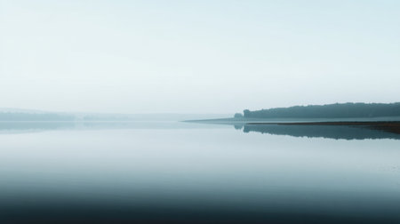 A serene lake landscape captures the beauty of early morning, featuring soft fog and gentle reflections. Ideal for evoking relaxation and peacefulness.の素材