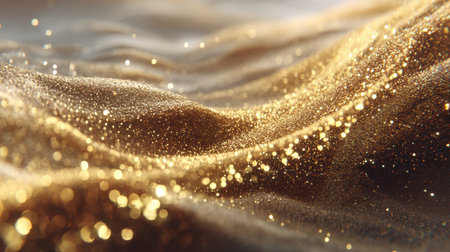 A stunning close-up of shimmering golden particles flowing gracefully across a textured surface. This image captures the essence of beauty and elegance, perfect for creative backgrounds.の素材