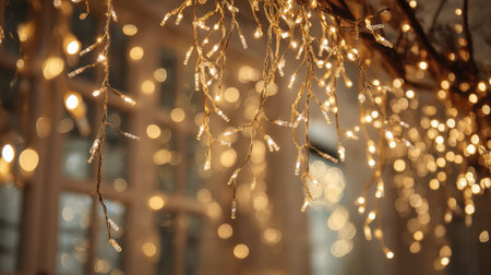 Experience the enchanting beauty of glowing fairy lights that create a warm and inviting atmosphere in a cozy indoor setting, perfect for all occasions.の素材