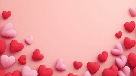 A beautiful arrangement of colorful heart shapes on a soft pink background, ideal for romantic themes, Valentine's Day celebrations, and love-inspired designs.の素材