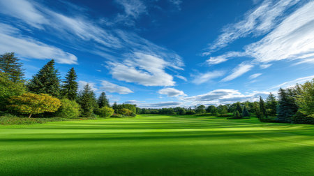 A picturesque view of a lush green golf course with a vibrant blue sky and fluffy white clouds. This serene landscape invites relaxation and outdoor enjoyment.の素材