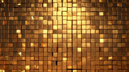 Explore a stunning golden mosaic created from shiny cubes that reflect light, adding an elegant touch to any design project or visual concept. Perfect for backgrounds.の素材