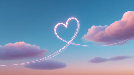 A heart-shaped cloud formation softly glows in a pastel sunset sky, creating a romantic and whimsical atmosphere perfect for themes of love and inspiration.の素材