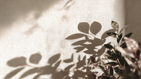 Delicate shadows created by leaves dance across a soft wall, showcasing natural beauty and tranquility. This indoor scene captures serenity in warm sunlight.の素材