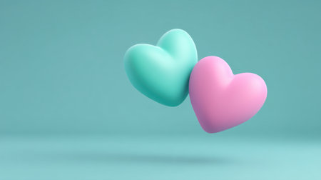 Two colorful heart shapes in turquoise and pink float against a soft blue background, conveying feelings of love and connection in a minimalist and artistic style.の素材