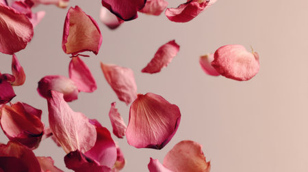 Beautiful rose petals float elegantly in the air, set against a soft pink background. This serene image evokes feelings of romance, calmness, and natural beauty.の素材