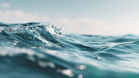 Captivating close-up of gentle ocean waves reflecting sunlight under a clear blue sky. Perfect for evoking feelings of peace and tranquility in any project.の素材