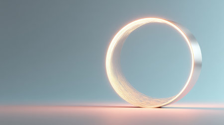 This image features a sleek metallic circle sculpture illuminated with soft light, set against a simple abstract background, perfect for artistic and decorative projects.の素材