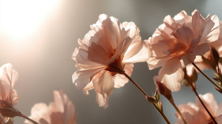 Soft pastel blooms bathed in warm sunlight evoke a sense of tranquility and beauty, celebrating the delicate charm of nature's blossoms in a serene setting.の素材