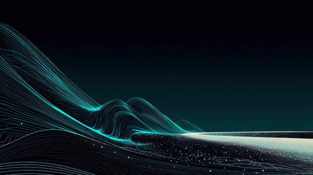 This abstract image features digital waves and lines against a dark background, conveying tranquility and modernity. Ideal for design and technology themes.の素材