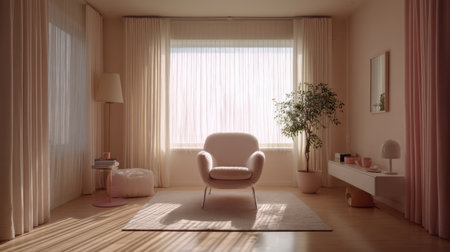 A beautifully arranged living room featuring soft natural light filtering through sheer curtains, creating a serene atmosphere perfect for relaxation and stylish living.の素材