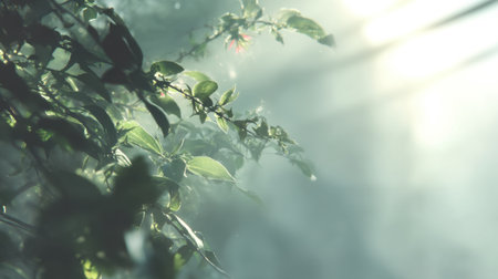 Soft rays of sunlight illuminate lush leaves in a misty forest, creating a mystical ambiance. This serene scene captures the tranquility and beauty of nature's embrace.の素材