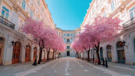 A captivating view of a picturesque avenue adorned with blooming cherry blossom trees, creating a serene atmosphere in a historic European square under a bright sky.の素材