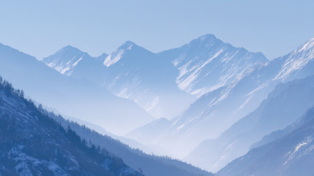 This stunning image showcases majestic snow-capped mountains enveloped in mist against a blue sky, creating a serene landscape perfect for nature lovers.の素材