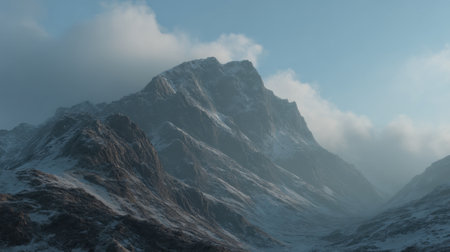 Majestic mountain landscape featuring snow-covered peaks under a blanket of soft clouds, creating a peaceful atmosphere and inviting exploration into nature's beauty.の素材