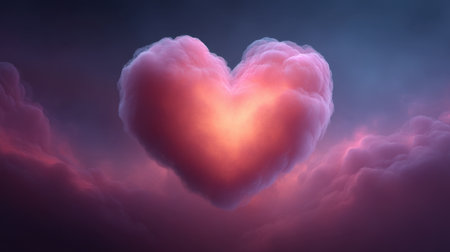 A picturesque heart-shaped cloud radiates soft pink light against a tranquil purple sky, capturing a serene and romantic ambiance ideal for love-themed projects.の素材