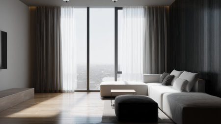A spacious living room featuring modern interior design with large windows allowing abundant natural light. The minimalistic furniture creates a cozy yet sophisticated atmosphere.の素材
