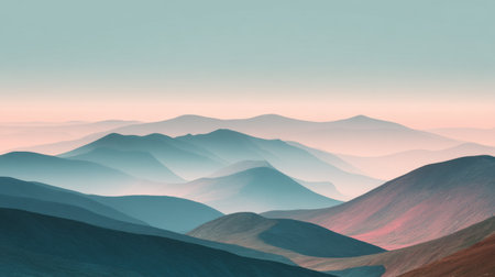 A tranquil scene of softly shaded mountains under a gentle dusk light. The pastel blue and pink tones create a serene atmosphere, perfect for relaxation and reflection.の素材